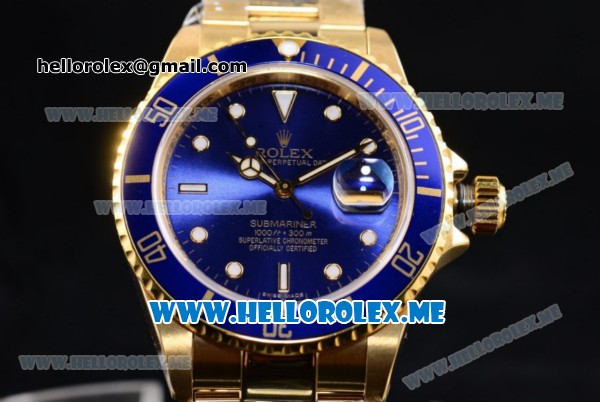 Rolex Submariner Clone Rolex 3135 Automatic Yellow Gold Case/Bracelet with Blue Dial and Dot Markers Blue Bezel (BP) - Click Image to Close